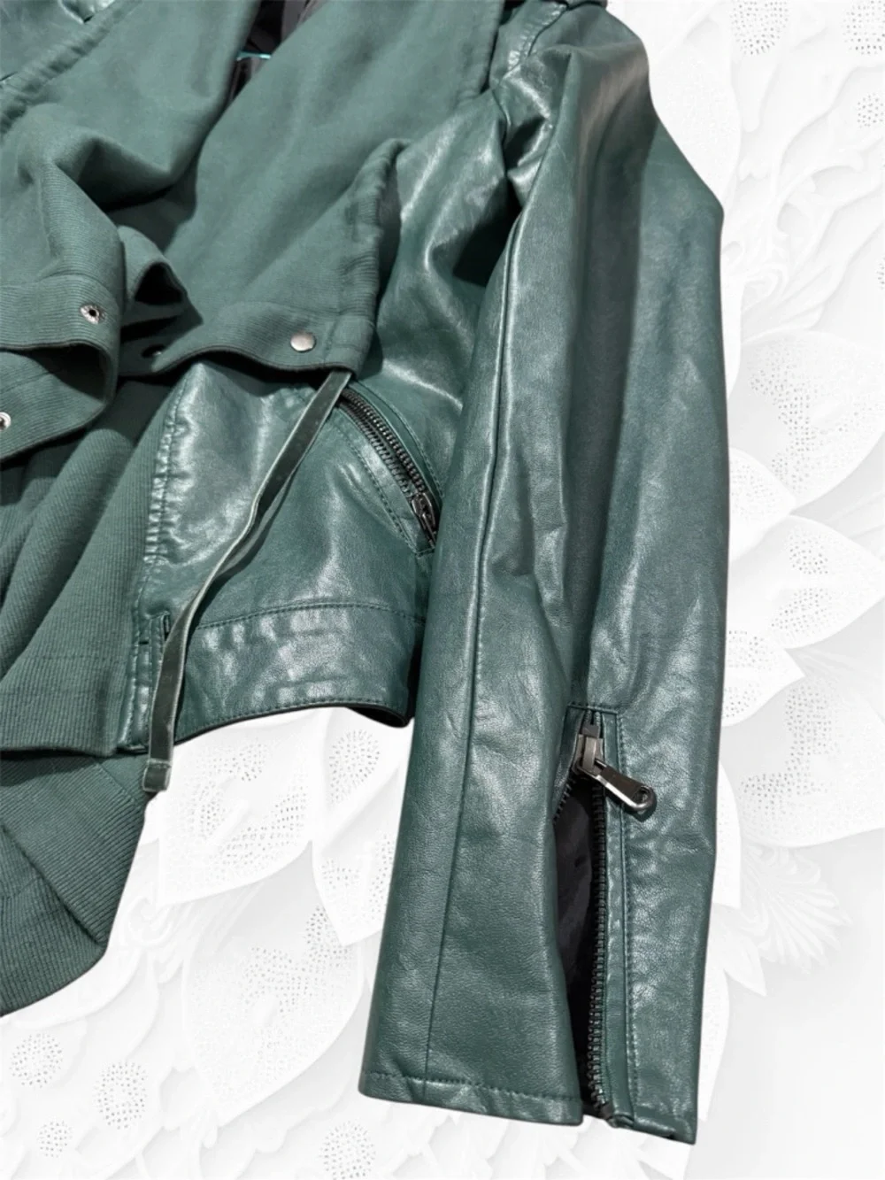 Jolt Forest Green Draped Faux Leather Jacket - Picture 9 of 10